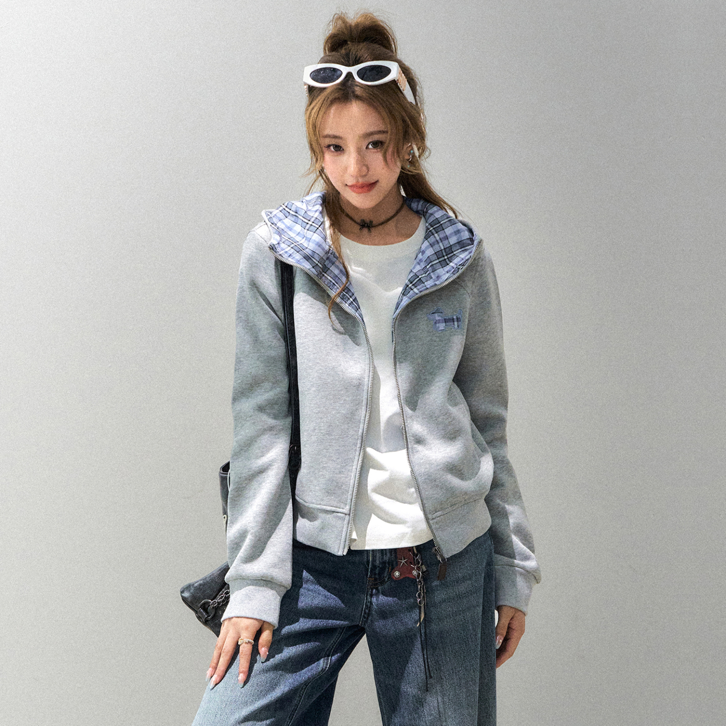 韓系慵懶格子臘腸狗連帽衛衣外套女款秋短款修身上衣