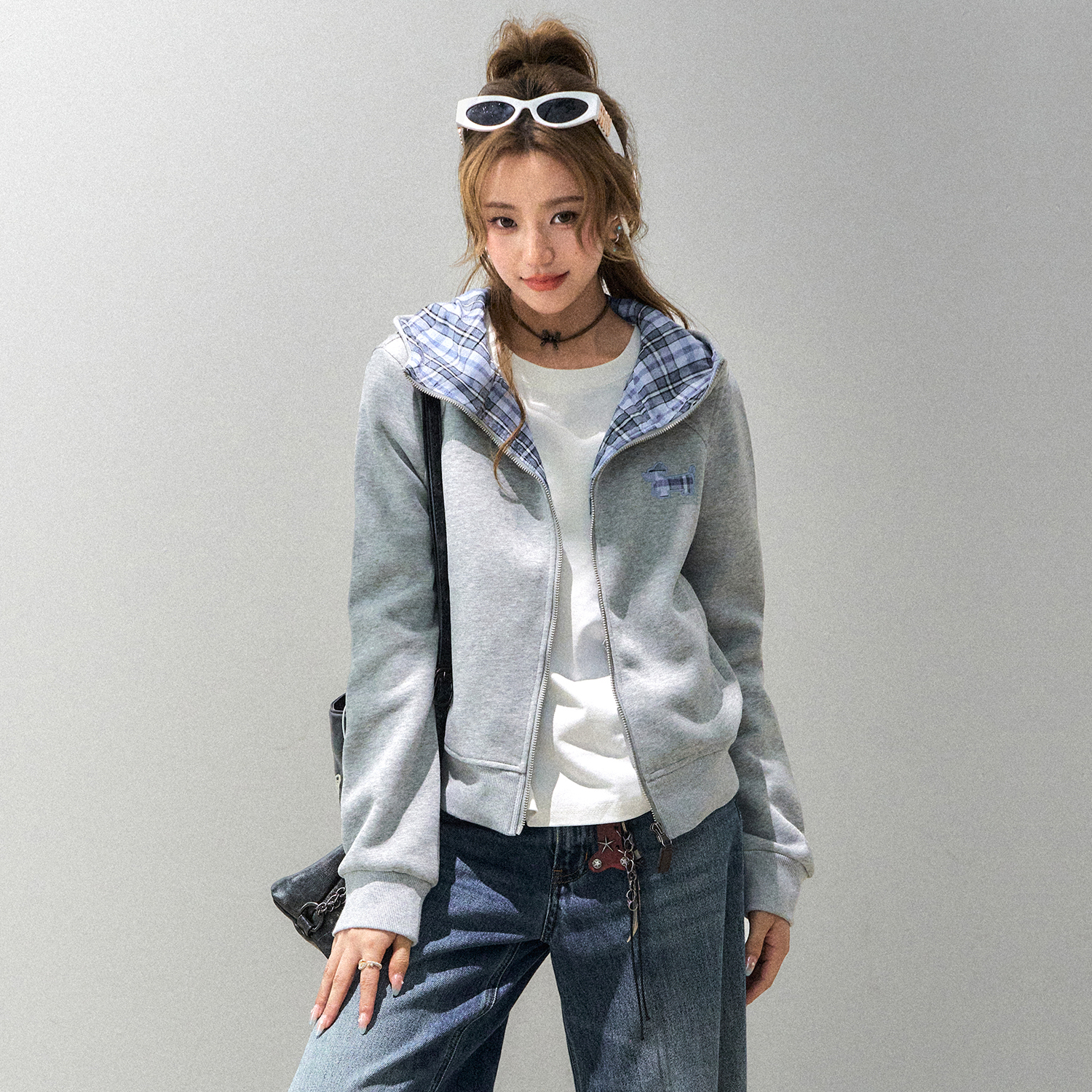 韓系慵懶格子臘腸狗連帽衛衣外套女款秋短款修身上衣