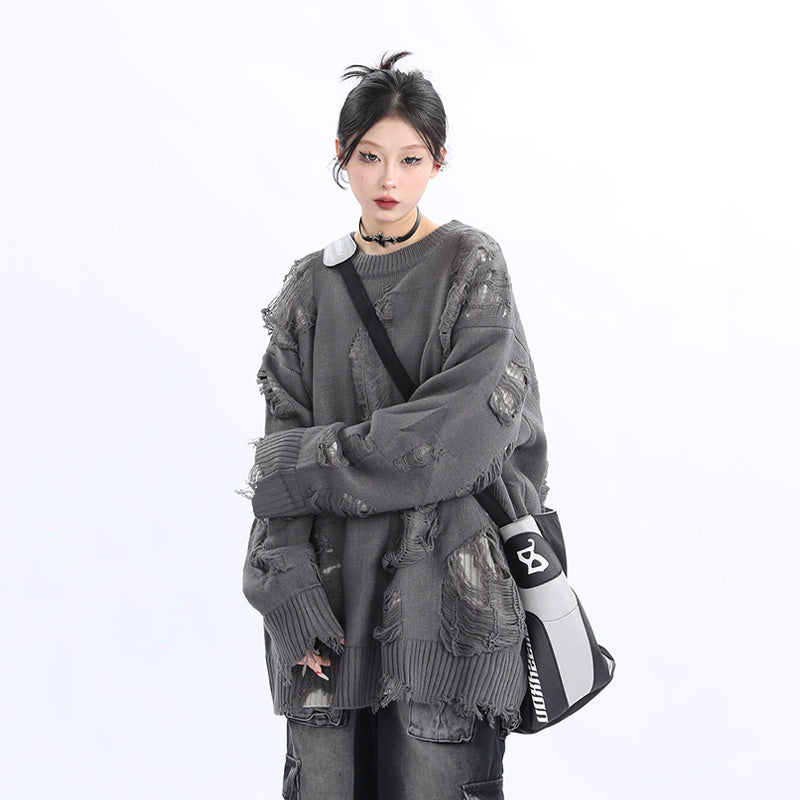 小眾設計感美式街頭破洞毛衣女寬鬆慵懶風oversize針織衫