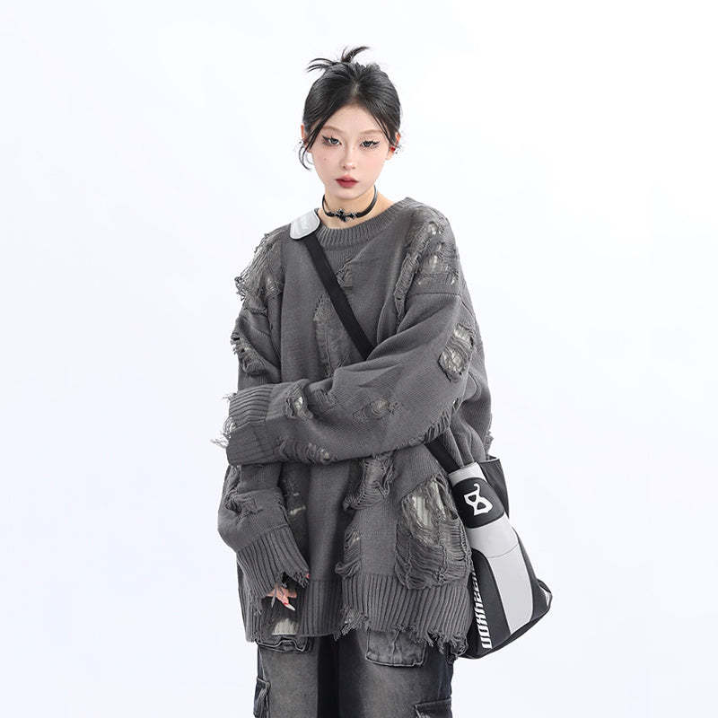 小眾設計感美式街頭破洞毛衣女寬鬆慵懶風oversize針織衫