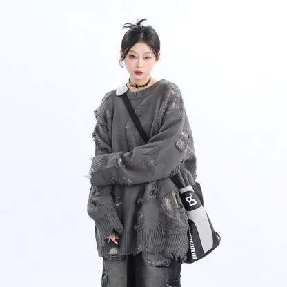 小眾設計感美式街頭破洞毛衣女寬鬆慵懶風oversize針織衫