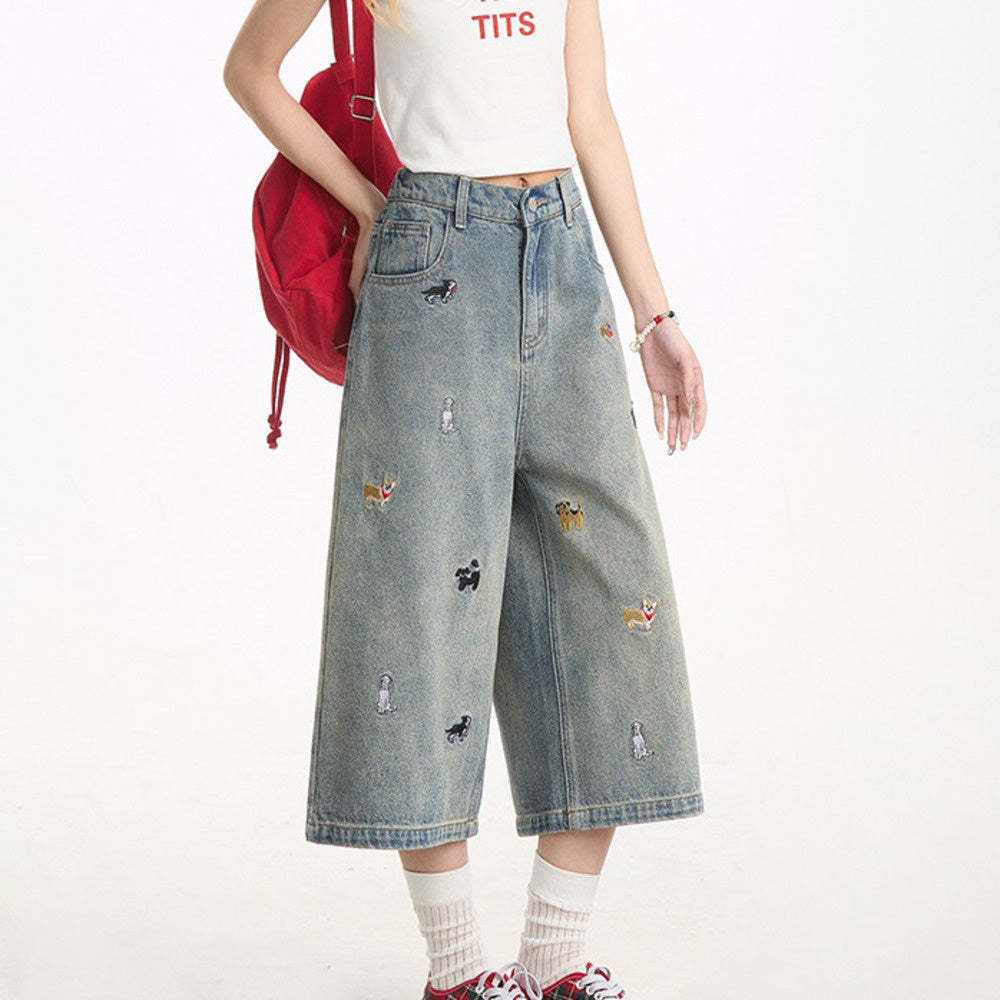 夏季牛仔短褲女新款寬鬆直筒趣味小狗刺繡設計感七分褲