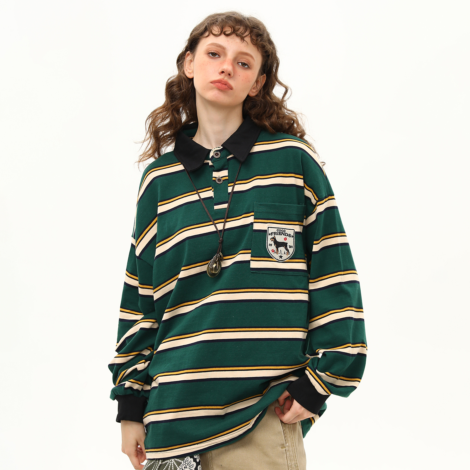 美式復古學院風條紋長袖T恤女秋季polo衫翻領寬鬆上衣