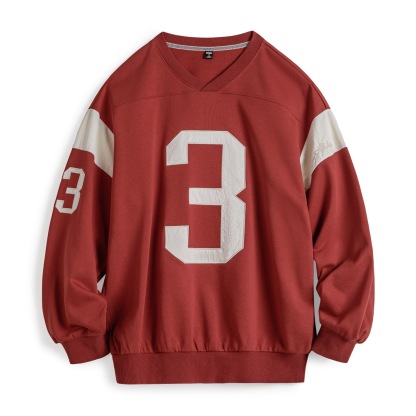 美式復古棒球V領無帽字母撞紅色拼接套頭長袖休閒衛衣女士秋