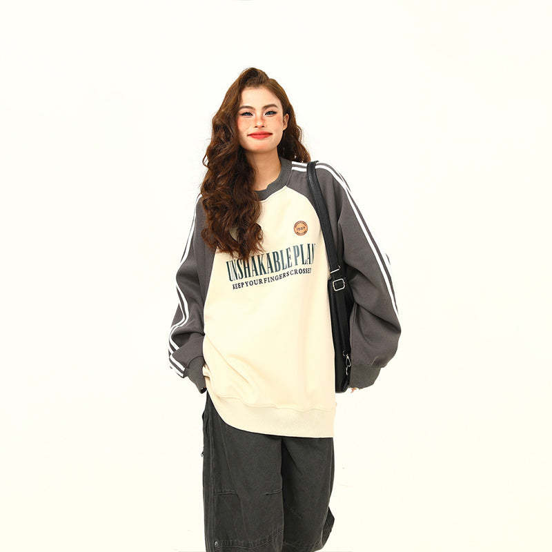 美式復古插肩袖撞色圓領衛衣女秋季百搭上衣