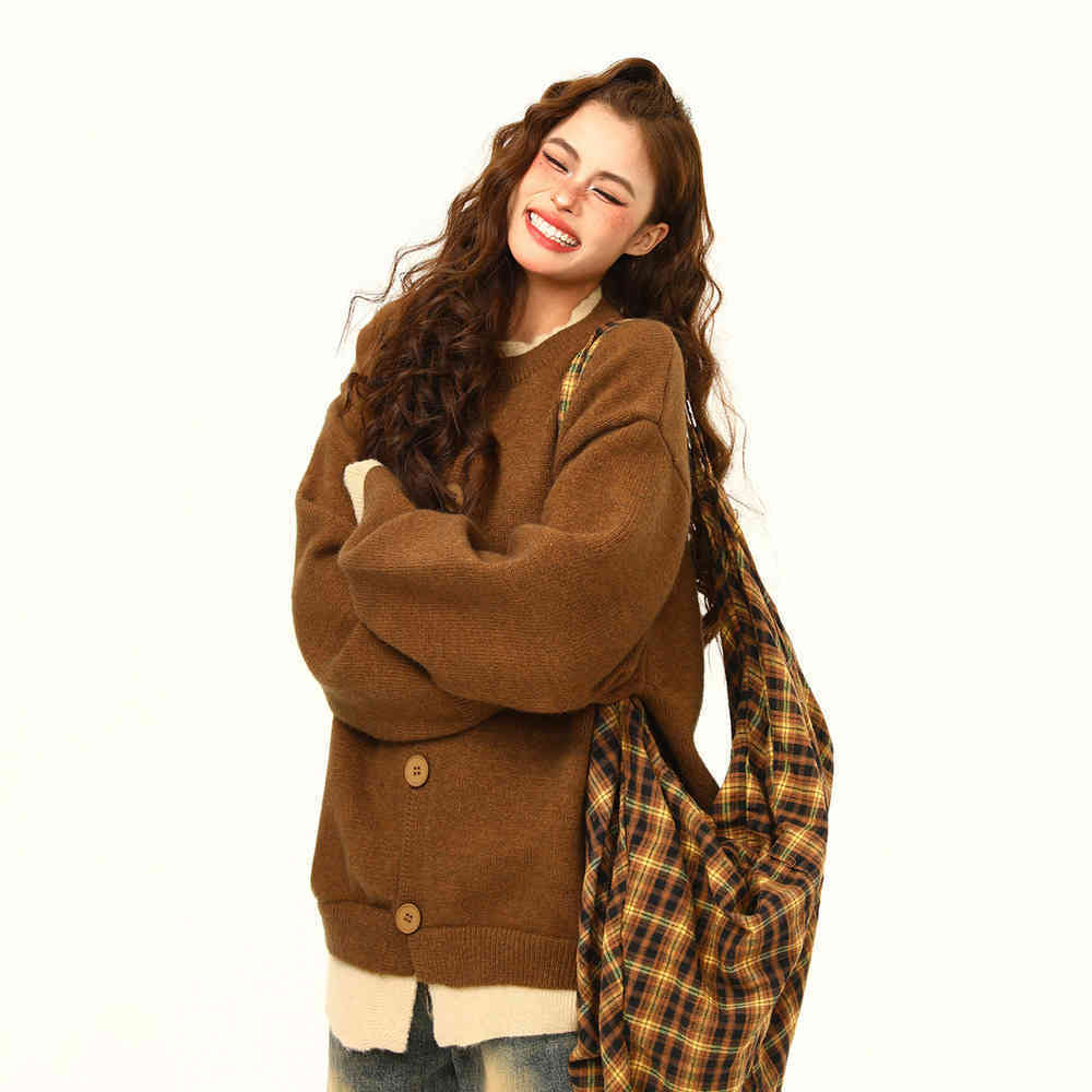 美式復古假兩件針織衫毛衣女秋冬美拉德慵懶寬鬆上衣