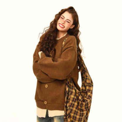 美式復古假兩件針織衫毛衣女秋冬美拉德慵懶寬鬆上衣