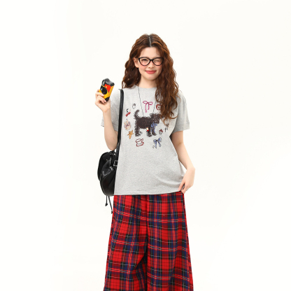 美式塗鴉小狗復古正肩T恤女夏季潮流微寬鬆顯瘦短款短袖