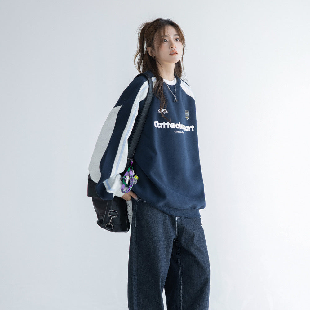 圓領衛衣女春秋oversize潮牌高級感印花拼色寬鬆上衣