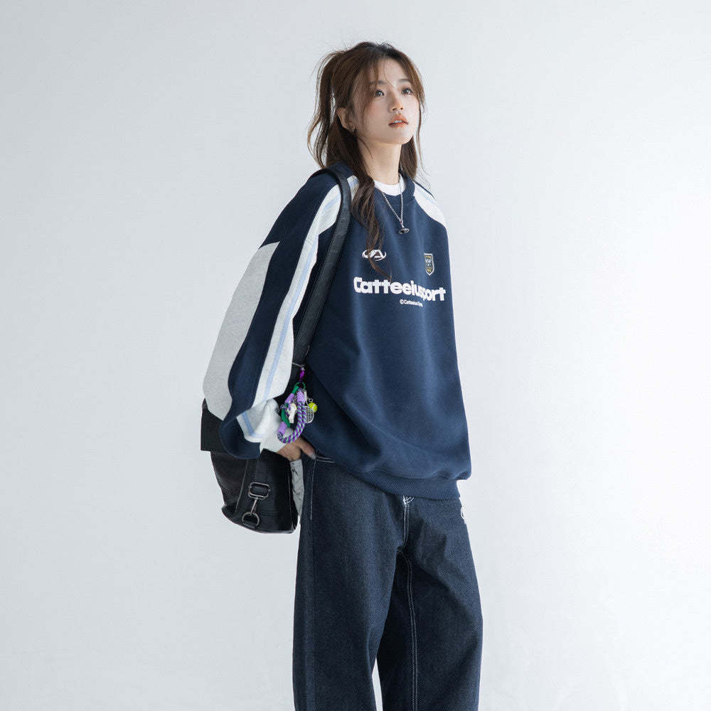 圓領衛衣女春秋oversize潮牌高級感印花拼色寬鬆上衣