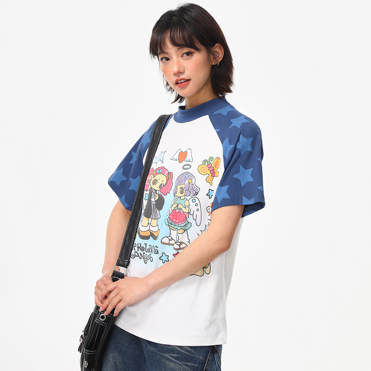 美式復古卡通少女星星插肩正肩短袖T恤女夏季百搭修身短t