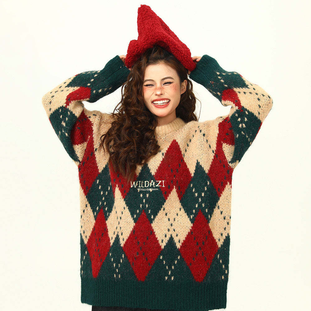 冬季復古氛圍感聖誕毛衣女寬鬆慵懶風針織衫上衣