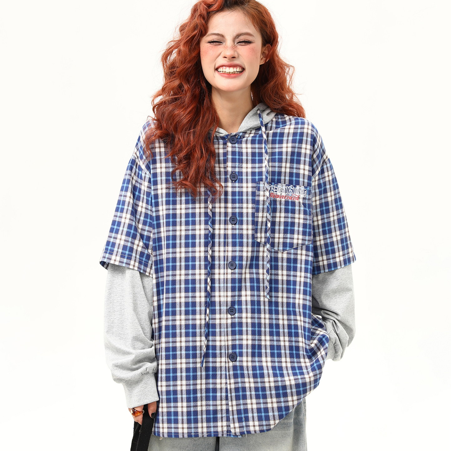 早秋新款假兩件連帽格子長袖襯衫女復古寬鬆百搭外穿襯衣