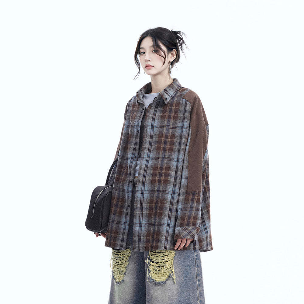美式復古拼接格子襯衫女春季新款襯衣寬鬆百搭上衣