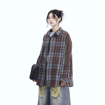 美式復古拼接格子襯衫女春季新款襯衣寬鬆百搭上衣