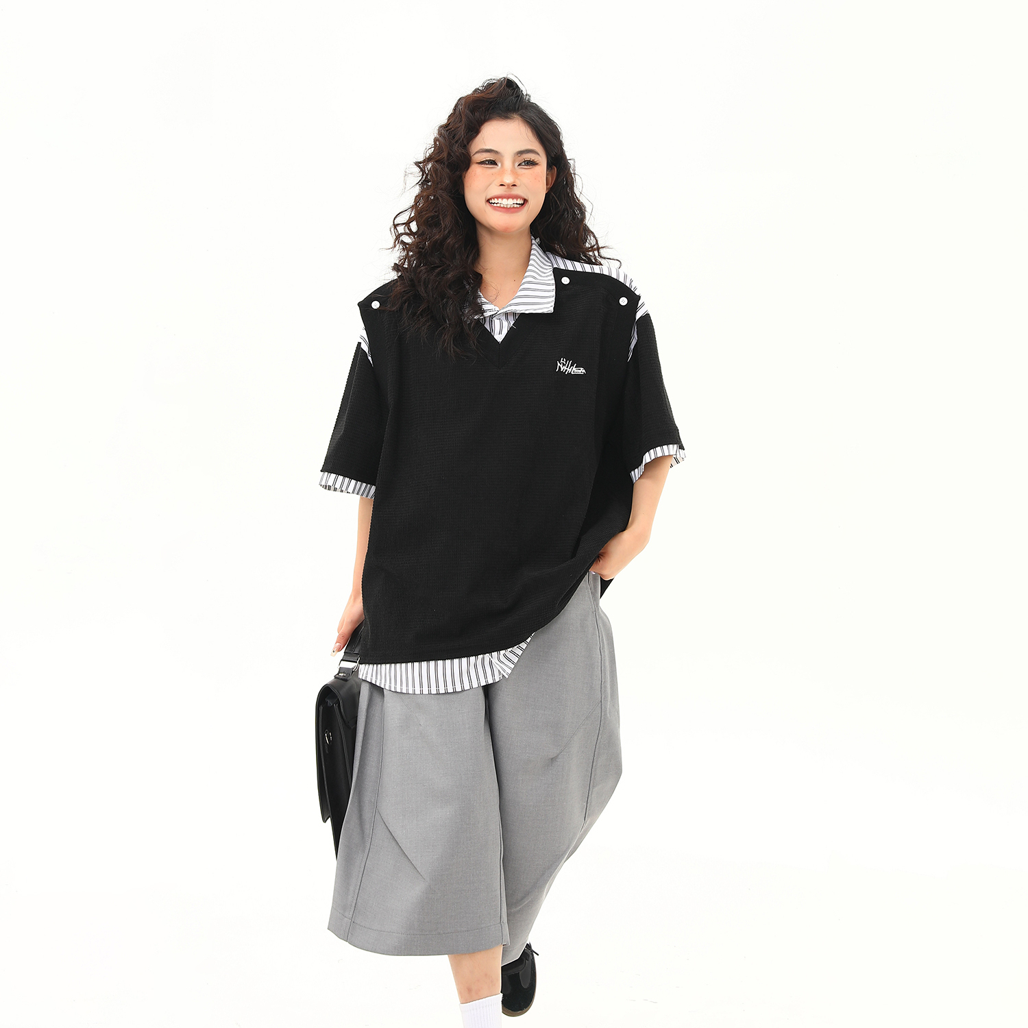 夏季新款美式復古假兩件高級感短袖T恤女學院風寬鬆上衣