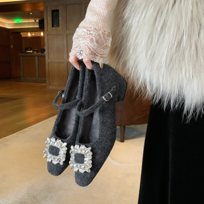 鑽扣小方頭絨裏一字帶保暖毛呢粗跟瑪麗珍單鞋女