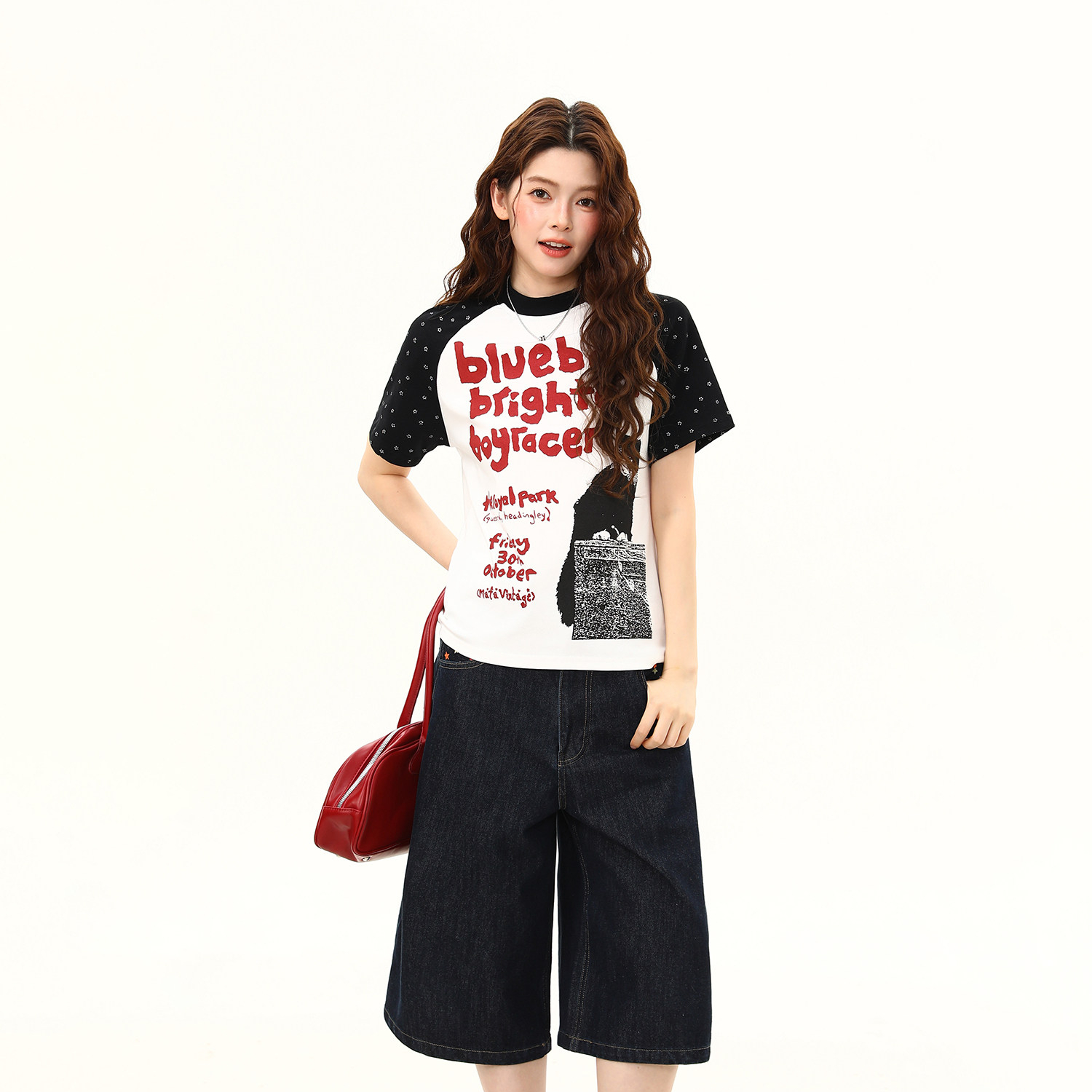 夏季顯瘦短款正肩T恤女美式復古設計感撞色插肩短袖女
