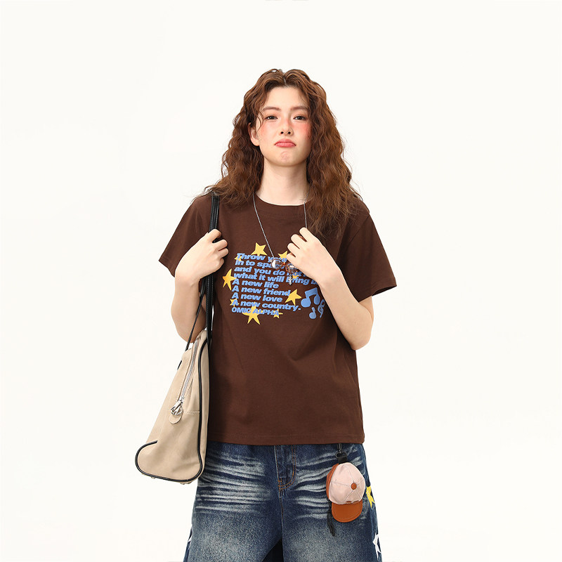 正肩T恤女美式復古發泡字母微寬鬆潮流短袖女