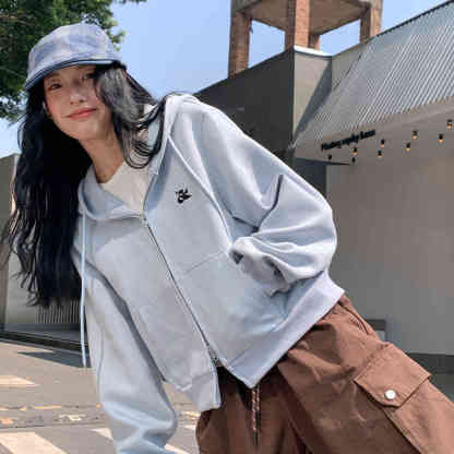 復古麂皮衛衣女新款休閒韓版短款繡花拉鍊開衫外套通勤