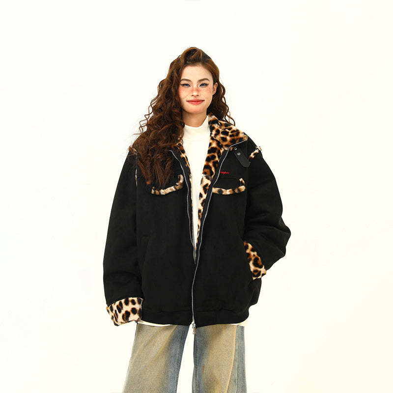 冬季新款美式復古皮毛一體豹紋高級感棉服外套女保暖