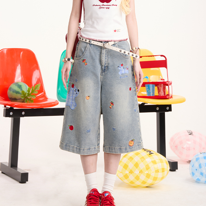 格紋小狗貼布七分牛仔褲女美式復古慵懶小眾闊腿顯瘦短褲