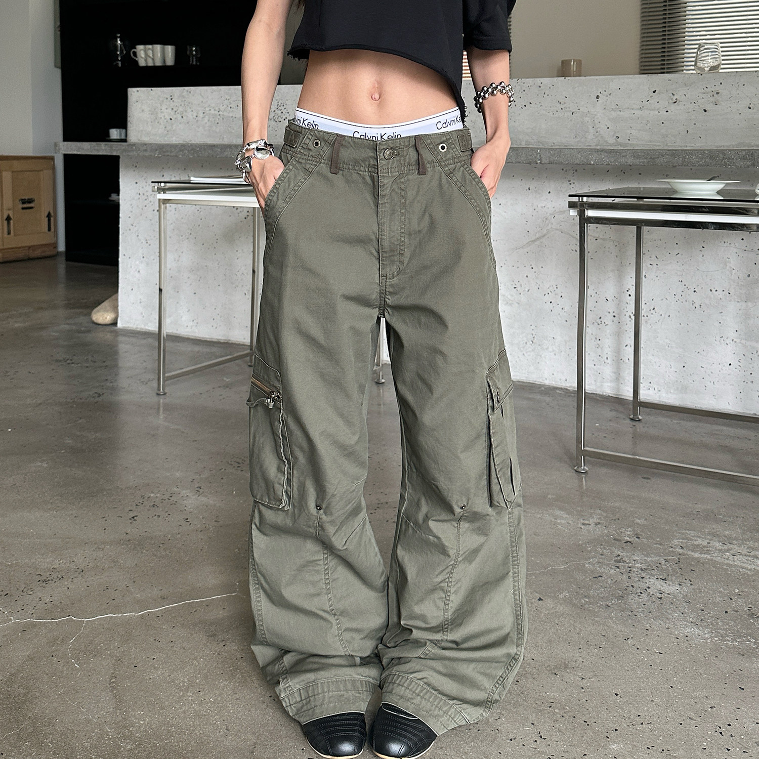 美式街頭解構工裝闊腿褲女夏季潮牌百搭高街褲子