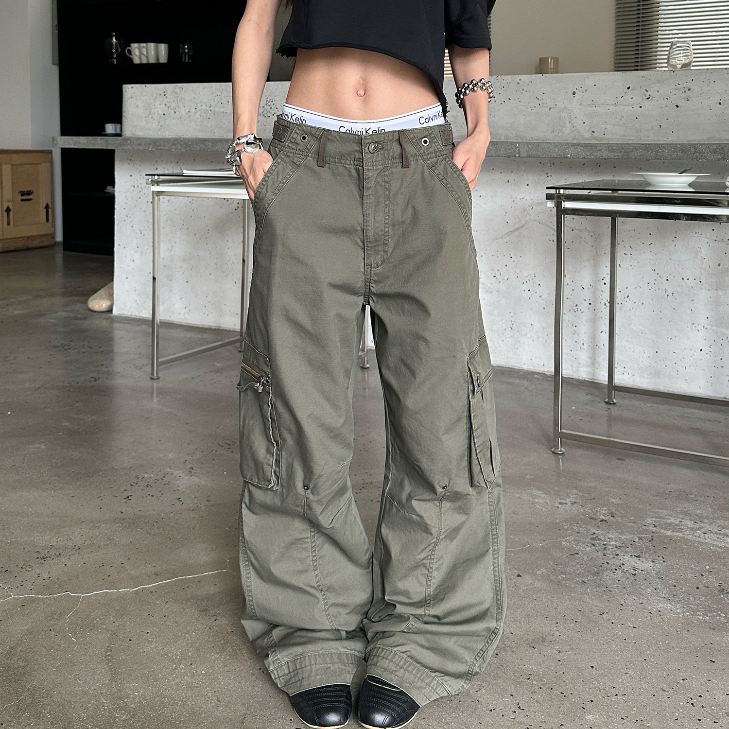 美式街頭解構工裝闊腿褲女夏季潮牌百搭高街褲子