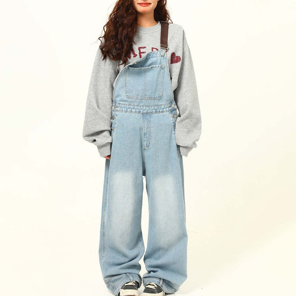 美式復古水洗淺藍色倒裝背帶褲女秋季寬鬆闊腿連體褲子