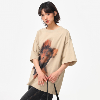 美式復古手繪小狗印花短袖T恤女夏季寬鬆百搭圓領上衣