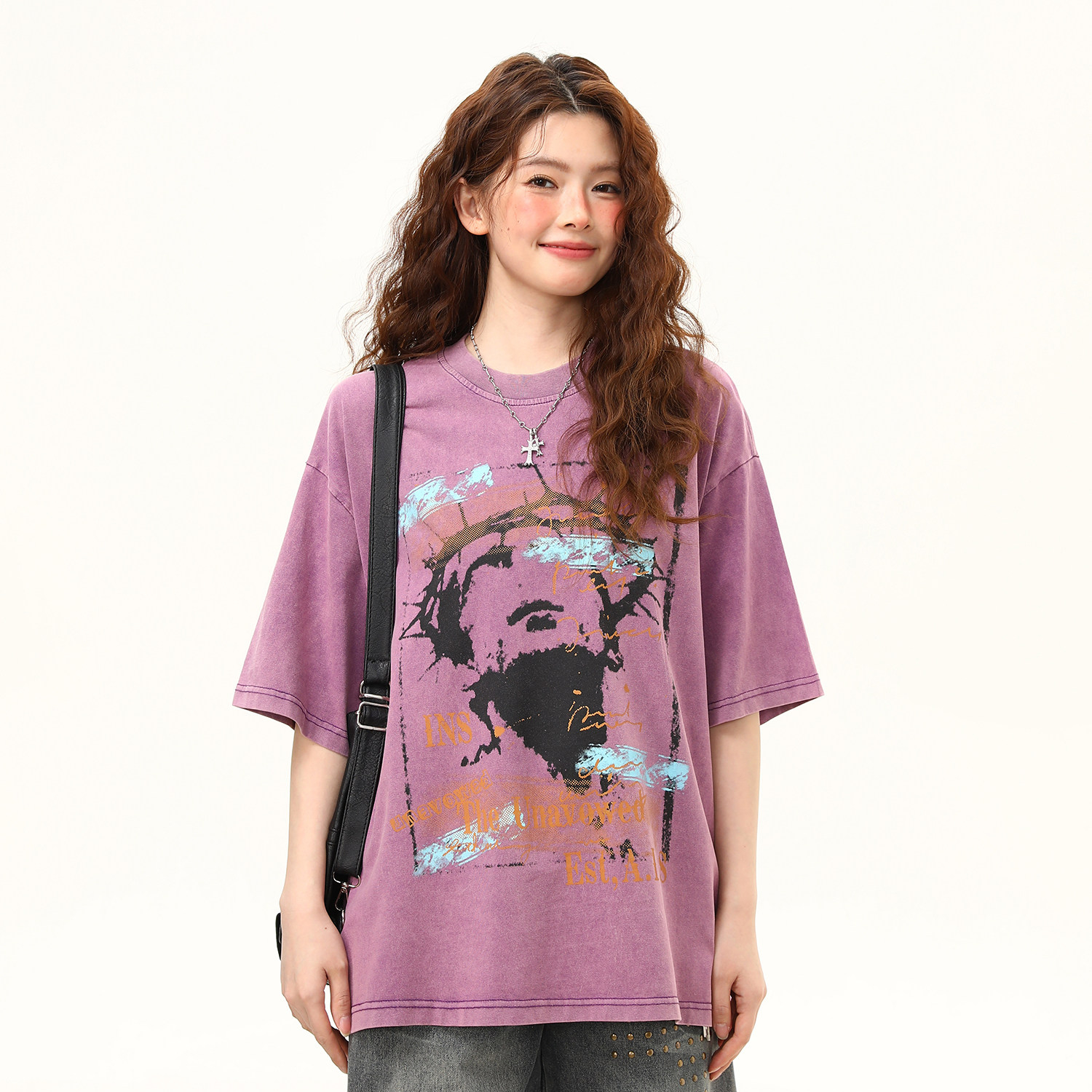 2026夏季新款美式復古水洗做舊印花短袖T恤女百搭tee