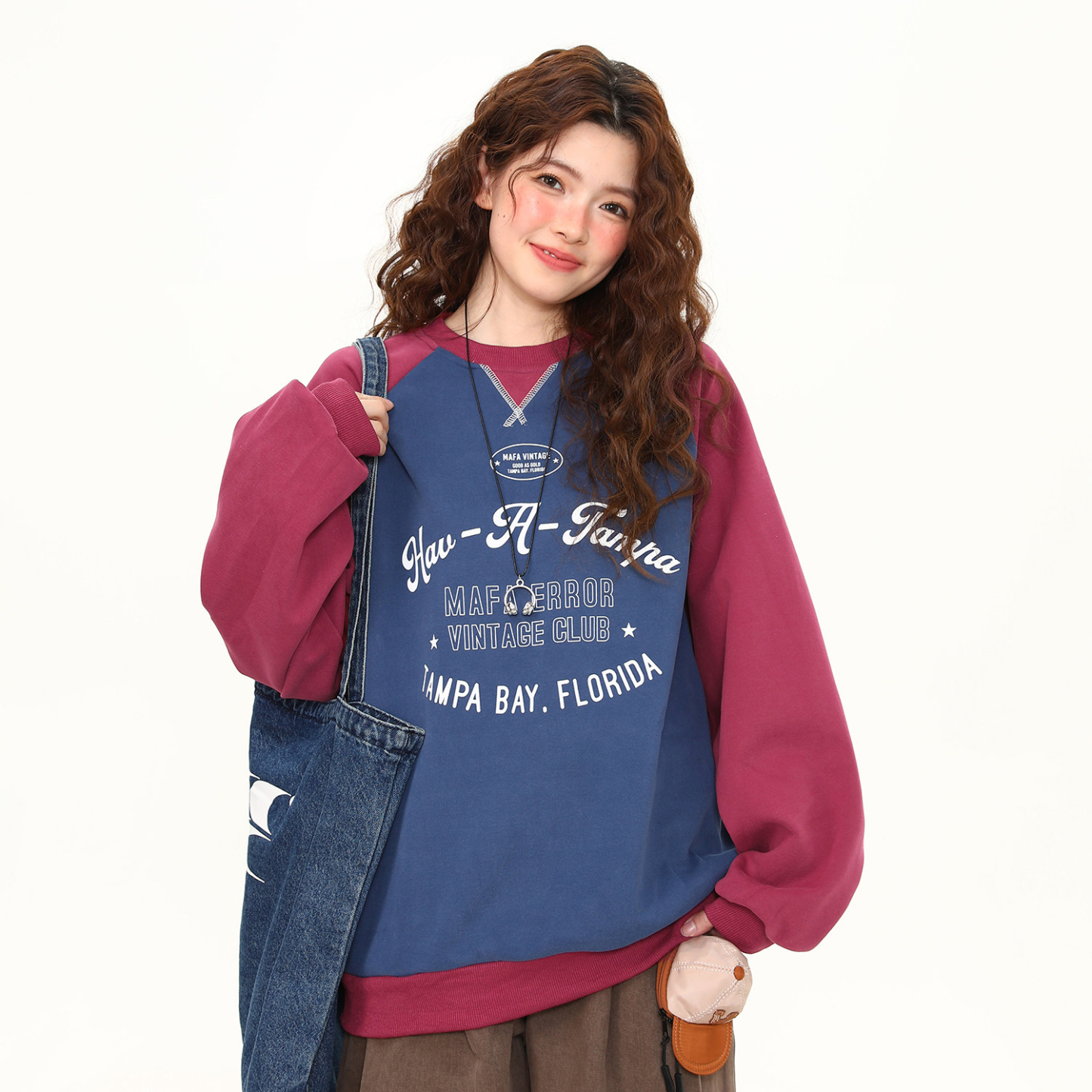 美式復古學院風撞色圓領套頭衛衣女春季新款寬鬆百搭上衣