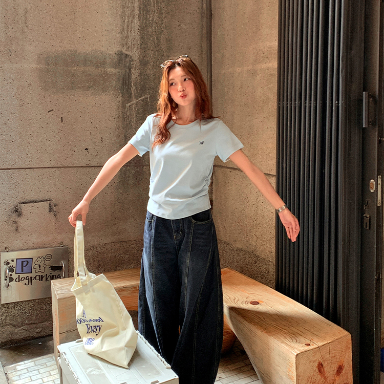 蜻蜓刺繡短袖t恤女新款純棉正肩收腰短款顯瘦甜辣小個子上衣