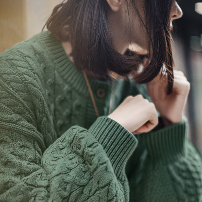 復古綠色亨利圓領寬鬆套頭加厚針織衫絞花毛衣外套穿女士秋冬