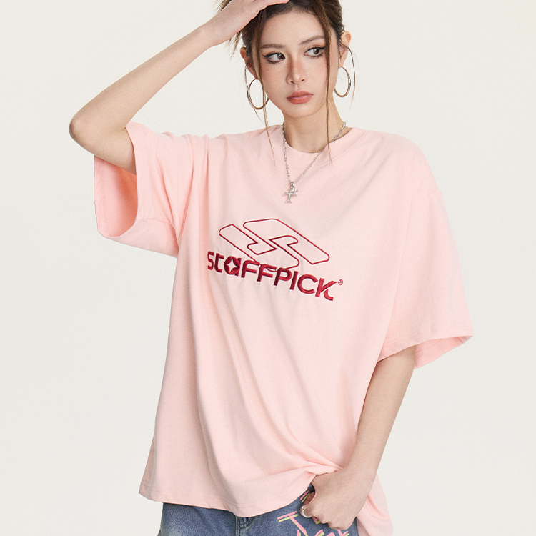 美式復古潮牌街頭刺繡寬鬆短袖T恤女夏百搭休閒半袖上衣