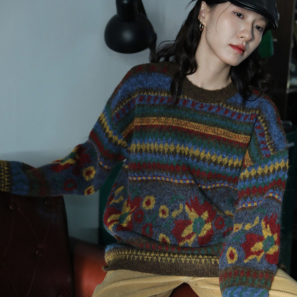 復古提花圓領套頭針織衫寬鬆慵懶風毛衣女秋冬
