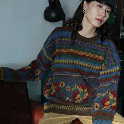 復古提花圓領套頭針織衫寬鬆慵懶風毛衣女秋冬