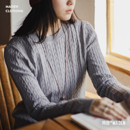 灰色短款圓領套頭修身絞花細針織衫毛衣打底內搭上衣女士秋冬