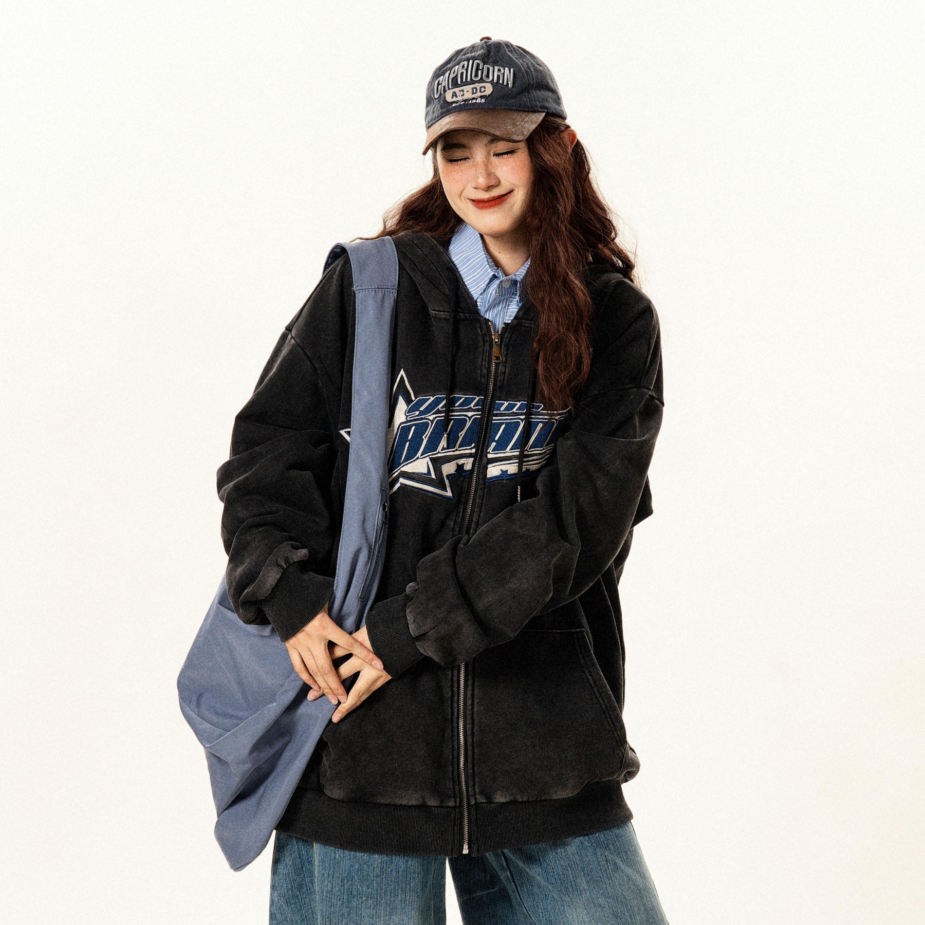 美式復古做舊牛角連帽衛衣開衫女潮牌寬鬆設計感帽衫外套