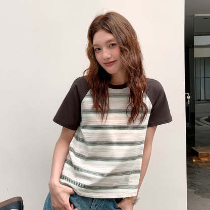 復古撞色條紋短袖t恤女2025新款夏正肩小個子顯瘦休閒