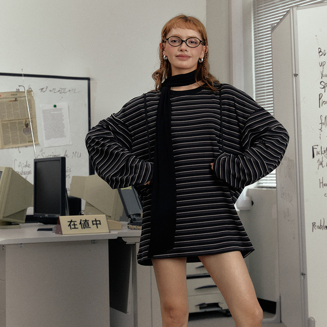 美式復古寬鬆長袖T恤圓領打底衫女春秋內搭紅色條紋上衣