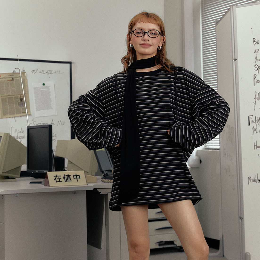 美式復古寬鬆長袖T恤圓領打底衫女春秋內搭紅色條紋上衣