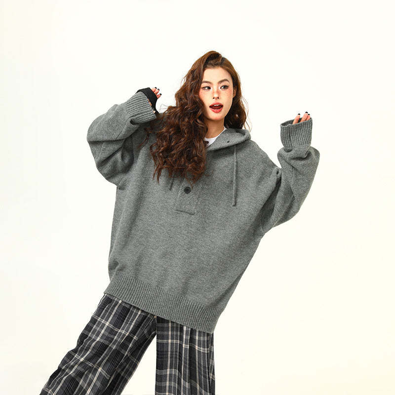 秋冬新品復古高級感灰色連帽毛衣女寬鬆慵懶風針織衫外套