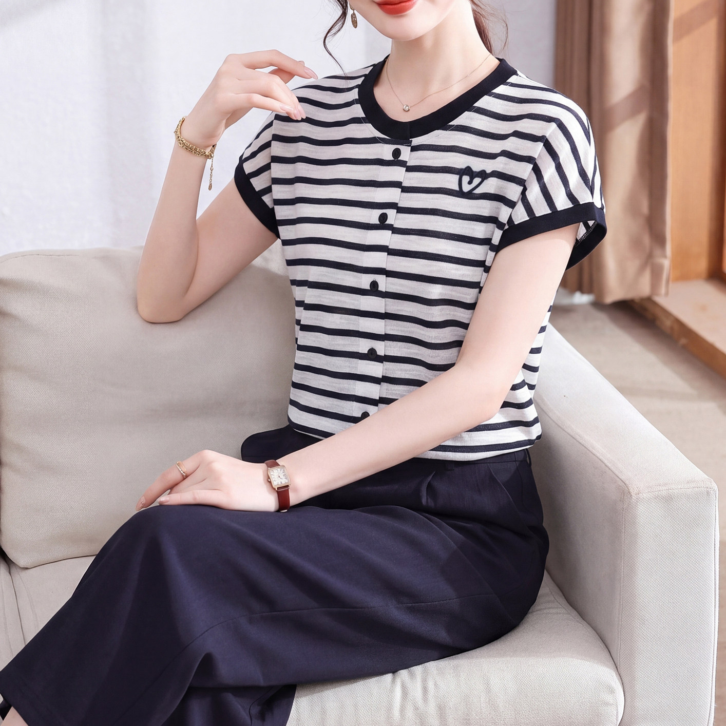 夏套裝减齡穿搭一整套時尚條紋中老年短袖T恤兩件套女