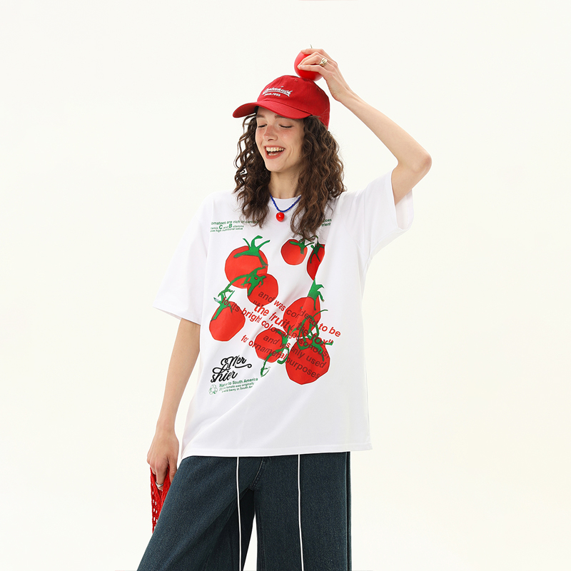 美式復古蕃茄印花短袖T恤女小眾設計夏季寬鬆百搭半袖t