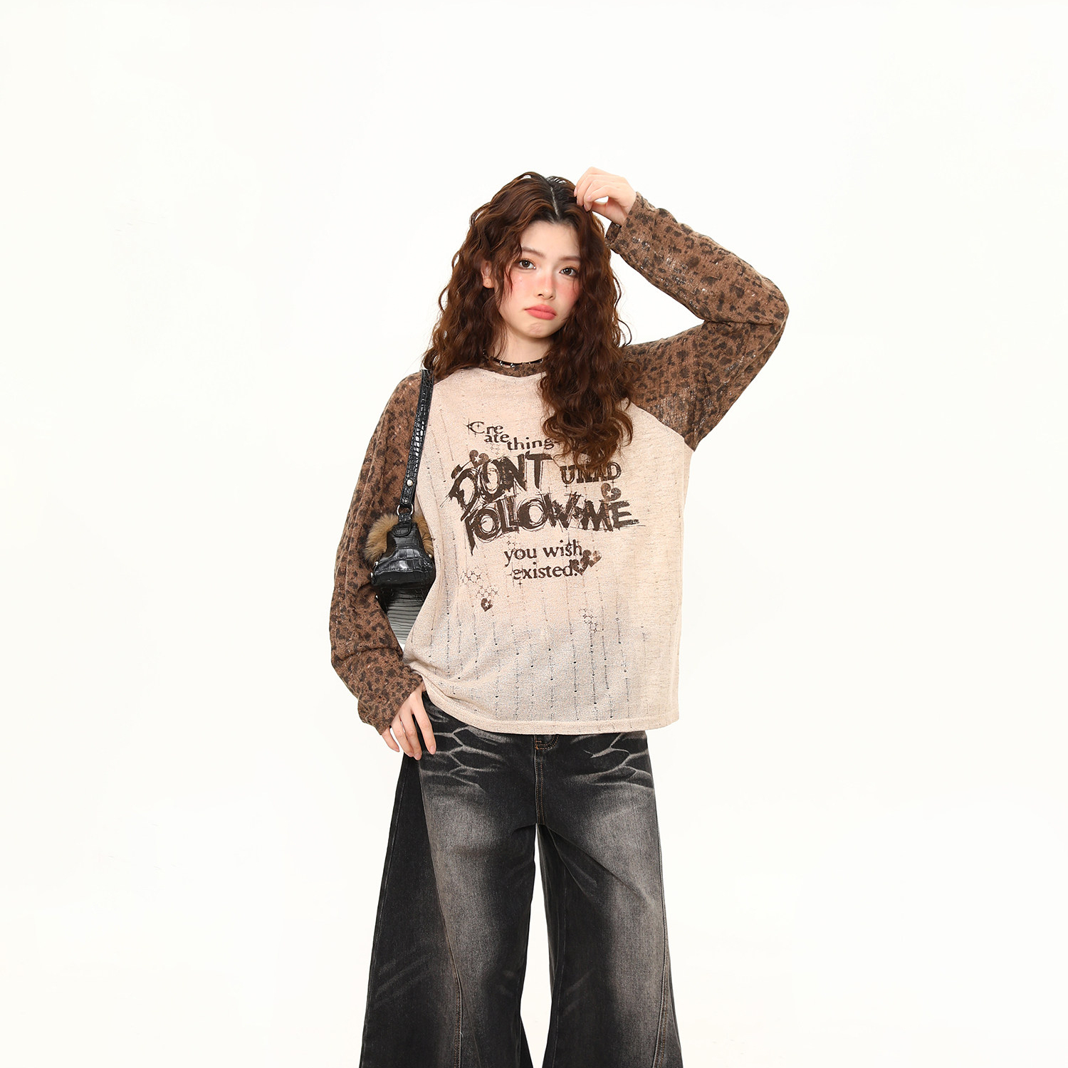 春季新款美式復古拼接撞色長袖T恤女寬鬆慵懶風防曬罩衫