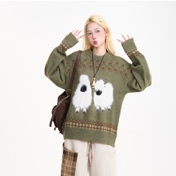 費爾島毛絨小羊毛衣女美式復古慵懶風秋冬寬鬆保暖針織衫