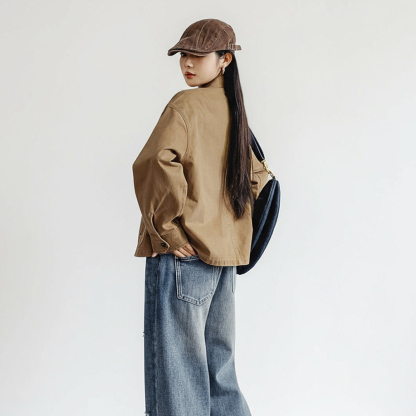卡其色巴恩風復古工裝穀倉夾克翻領全純棉做舊外套上衣女士春