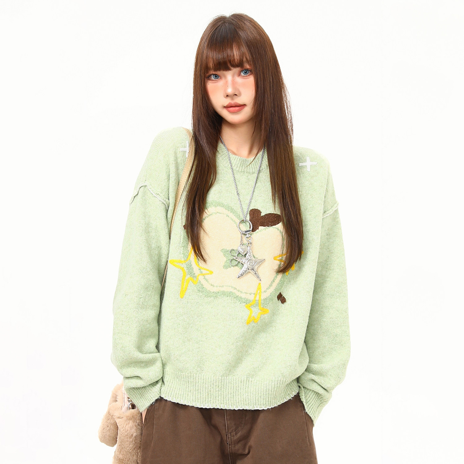 蘋果提花圓領毛衣女秋冬新款慵懶風套頭减齡針織衫上衣