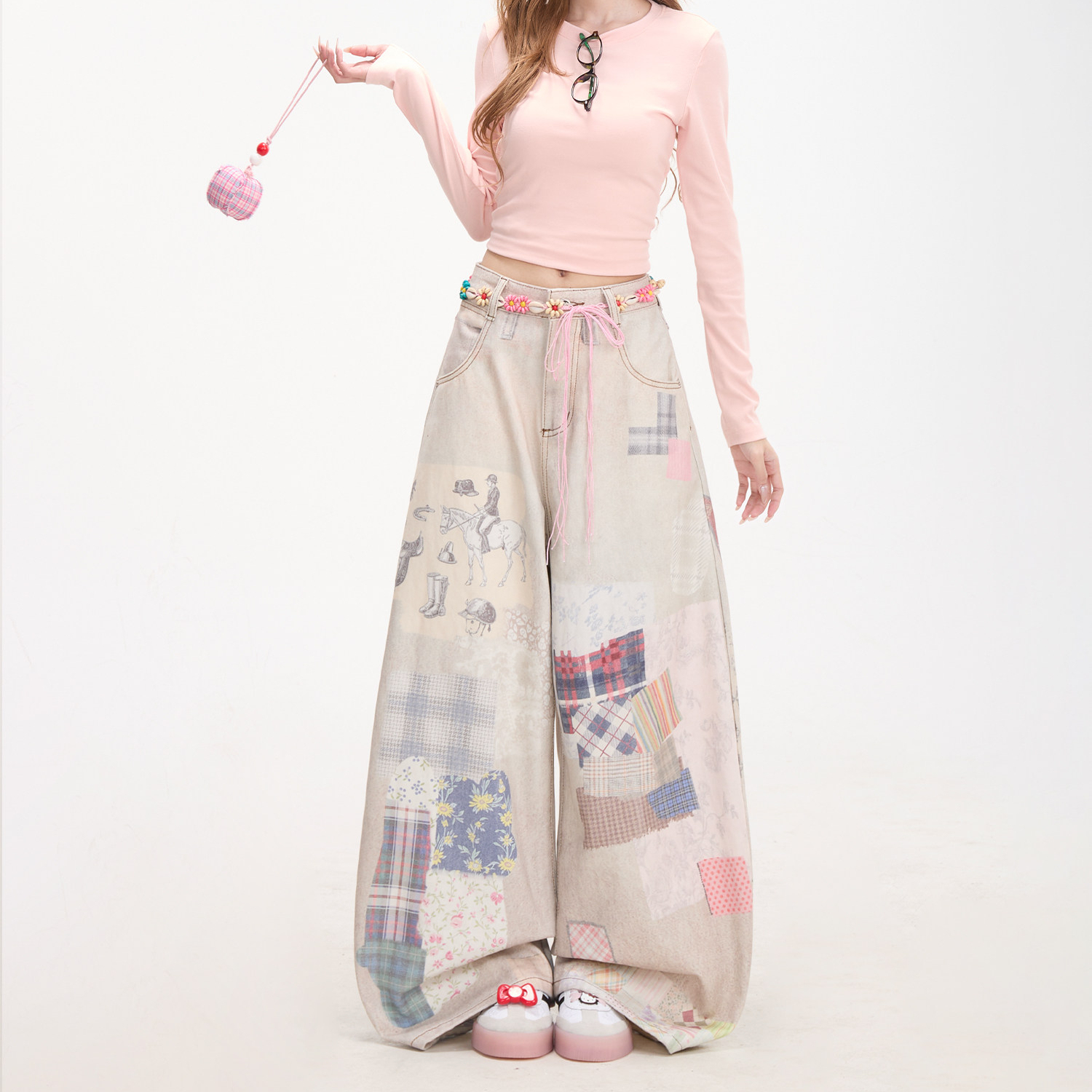 復古拼圖印花牛仔褲女亞文化穿搭彎刀闊腿褲街頭休閒褲